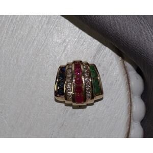 14K Yellow Gold Diamond,Ruby,Sapphire & Emerald Slider Deco Pendant 4.46G /0.6in